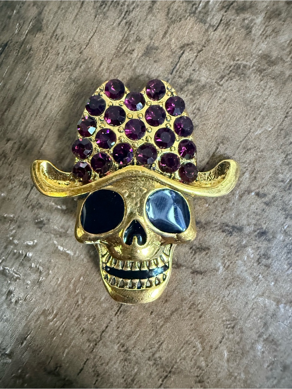 Gold Skull Brooch with Purple Crystal Hat - Women Accessories